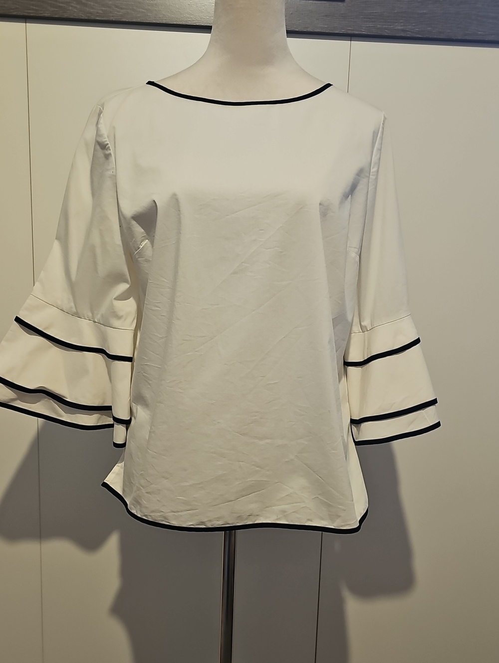 White Bell-Sleeve Blouse with Black Trim - Women